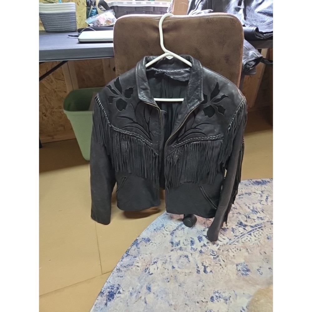 Vtg Leather Women's Fringed Jacket w/Suede Rose Inserts Snap Rock Moto